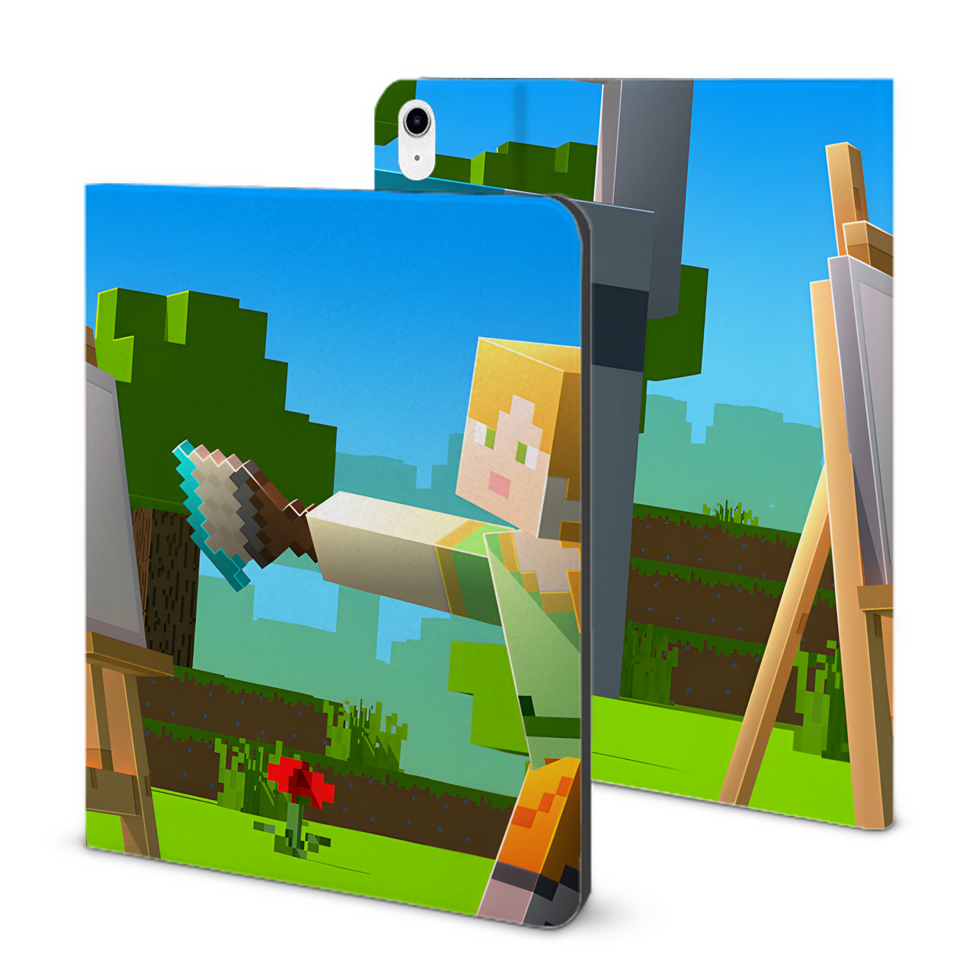 （画像用） マインクラフト ブロックの世界 Minecraft MC Block world IPad ケース ブック型 PUレザー TPU 耐衝撃 軽量 薄型 ペン収納なし 全面保護 IPad 各モデル対応